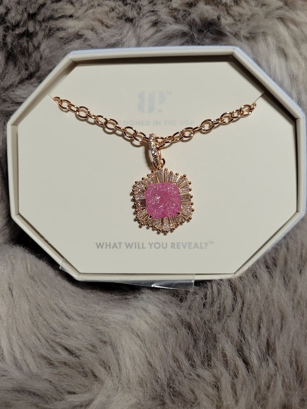 Rose Druzy Pendant Necklace in Rose Gold-Tone Setting